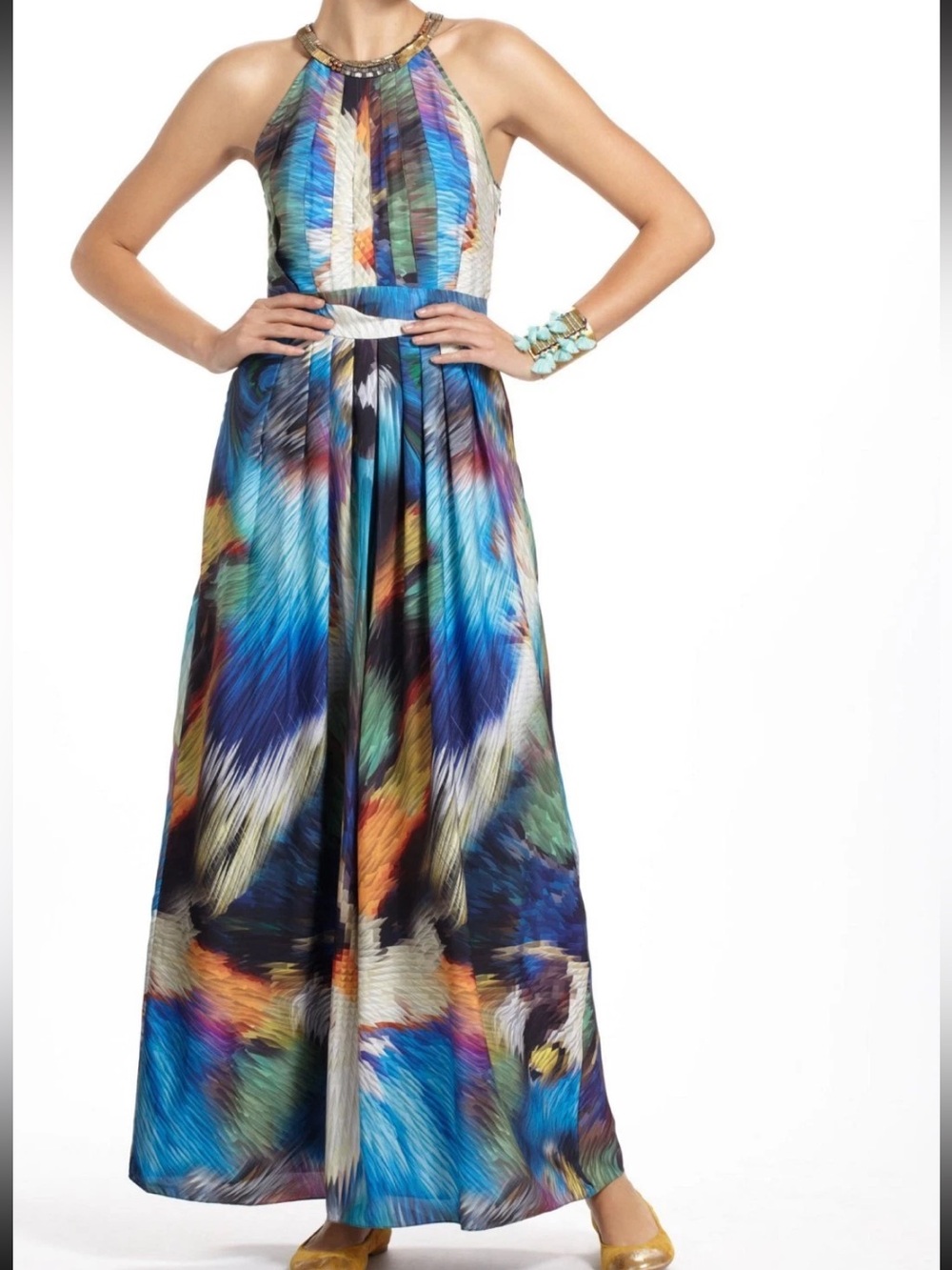 Ranna Gill Beaded Halter Maxi Dress Abstract Feather Print Petite Large LP